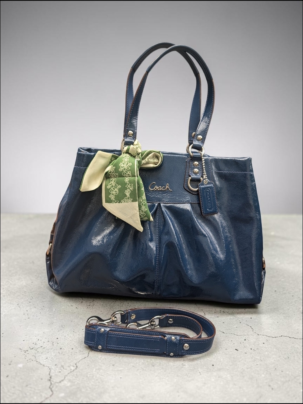 Coach Ashley F15516 Cobalt Blue Crinkle Patent Leather Carryall Satchel